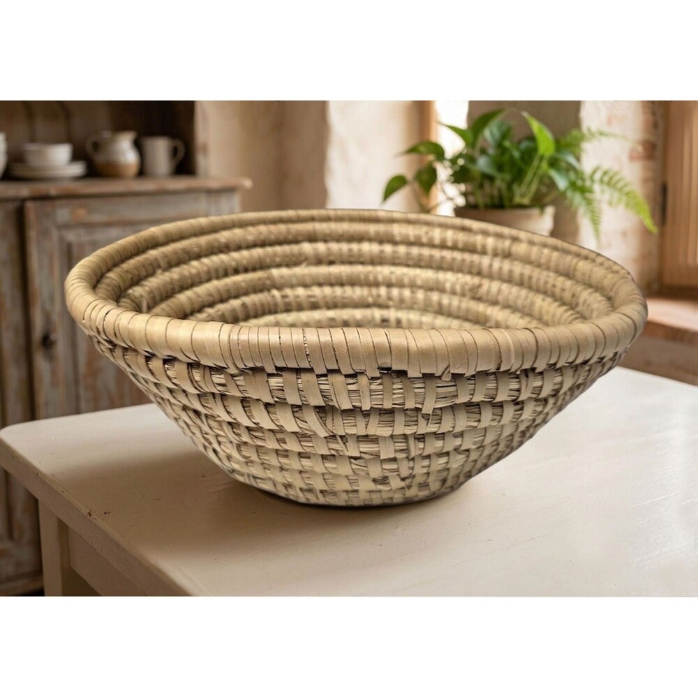 Vtg Large Woven Coiled Straw Basket Bowl 11.5" Boho Folk Art Rustic Centerpiece